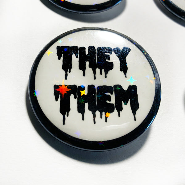 Pronoun Button - Holographic Stars - 1.5" Button