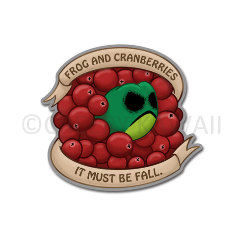 Frog and Cranberries It Must be Fall - 3 Inch Weatherproof Vinyl Sticker