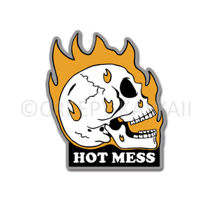 Hot Mess Burning Skull - 3 Inch Weatherproof Vinyl Sticker - Creepy Kawaii