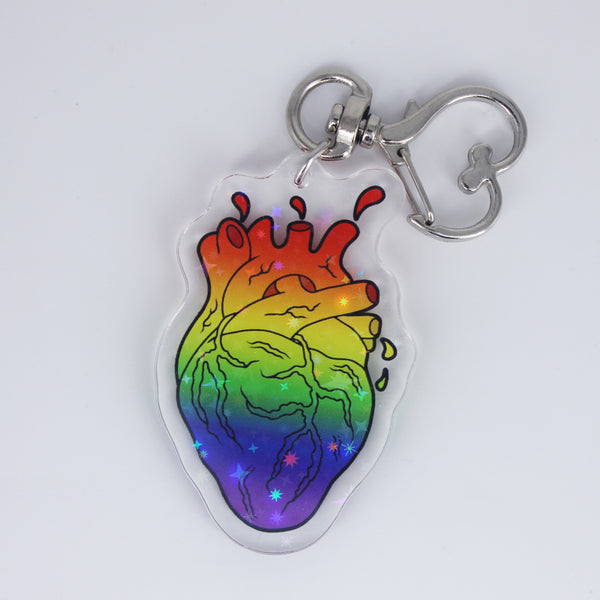 Squirting Rainbow Heart with Holographic Stars  - 2" Acrylic Charm Keychain - Creepy Kawaii