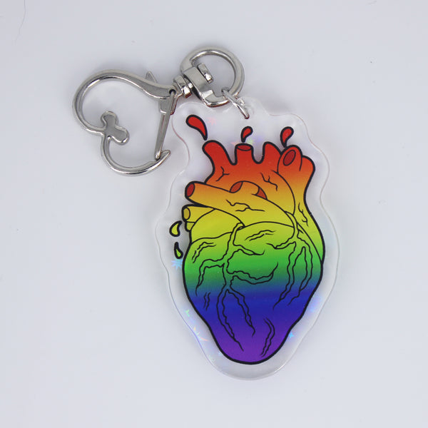Squirting Rainbow Heart with Holographic Stars  - 2" Acrylic Charm Keychain - Creepy Kawaii